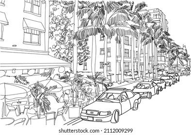 Panorama illustration. Hand drawn ink line sketch Miami South beach , Florida with buildings, palm trees, cars in outline style perspective view. Postcards design.