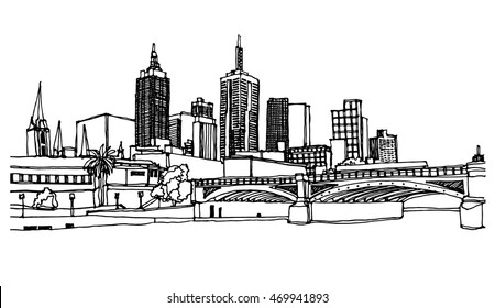 Panorama Illustration. Hand Drawn Ink Line Sketch Melbourne, Australia With Buildings,skyscrapers,bridge, Canal, Sea In Outline Style. Ink Drawing Of Cityscape. Perspective View.