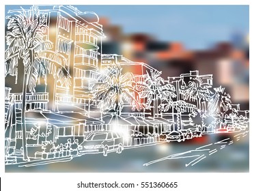 Panorama illustration. Hand drawn ink line sketch Miami South beach , Florida with buildings, palm trees, roofs in outline style perspective view. Postcards design.