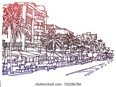 Panorama illustration. Hand drawn ink line sketch Miami South beach , Florida with buildings, palm trees, roofs in outline style perspective view. Postcards design.