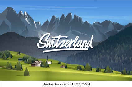 Panorama illustration of Switzerland village,mountain and Swiss Alps in the background. Vector landscape.