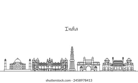 Panorama de la arquitectura india. Paisaje urbano con edificios y estructuras. La belleza de la cultura india encarnada en la arquitectura. Ilustración vectorial.