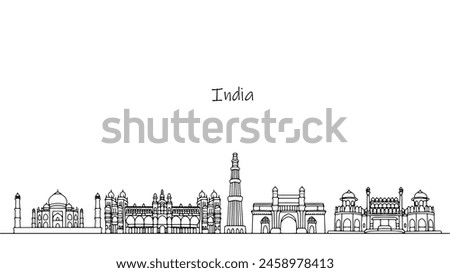 Panorama of Indian architecture. Cityscape with buildings and structures. The beauty of Indian culture embodied in architecture. Vector illustration.