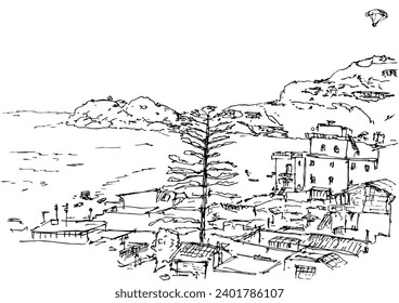 Panorama of the Ionian Sea from beach Letojanni, near the famous town of Taormina, located on a cliff, with a flying paraglider.  Ink sketch Sicily, Italy