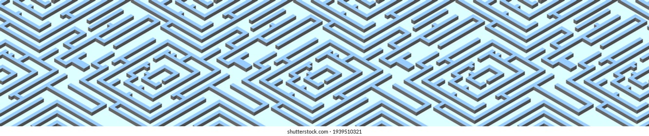Panorama of isometric maze on light blue background. Banner Labyrinth panoramic view. Vector illustration.