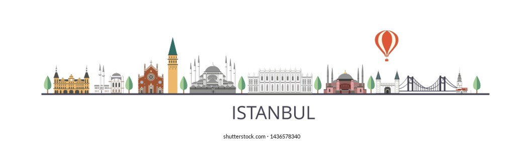 Panorama of istanbul flat style vector illustration. Istanbul architecture. Cartoon Turkey symbols and objects.