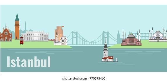 Panorama of Istanbul flat style vector illustration. Istanbul architecture. Cartoon Turkey symbols and objects