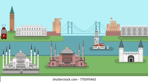 Panorama of Istanbul flat style vector illustration. Istanbul architecture. Cartoon Turkey symbols and objects