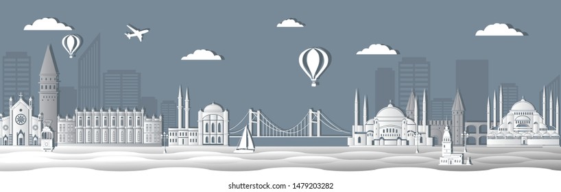 Panorama of Istanbul paper art style vector illustration. Istanbul architecture. Cartoon Turkey symbols and objects. Historical sights. Paper city. Paper cut style Istanbul city composition for design