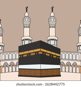 Panorama of the Kaaba as an Islamic pilgrimage site in Mecca, Saudi Arabia. Hajj and Umrah celebrations for Muslims. Vector outline style.