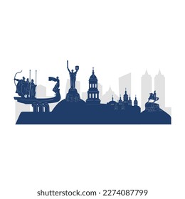 Panorama of Kiev silhouette. Architectural monuments of the capital of Ukraine. Vector illustration.