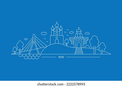 Panorama of Kyiv, the main sights of the capital of Ukraine, flat vector, line art on a blue background, inscription Kyiv