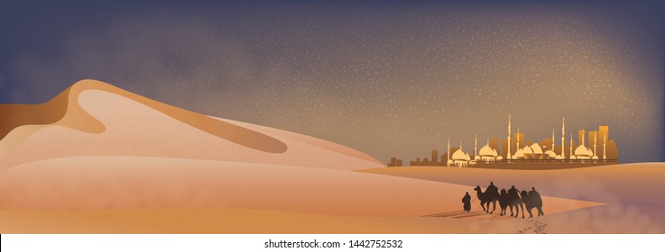 Panorama landscape of Arabian journey with camels through the desert with mosque, Traveler walking through the desert with camels,sand dune,dust and twilight.With noise and grain texture background .