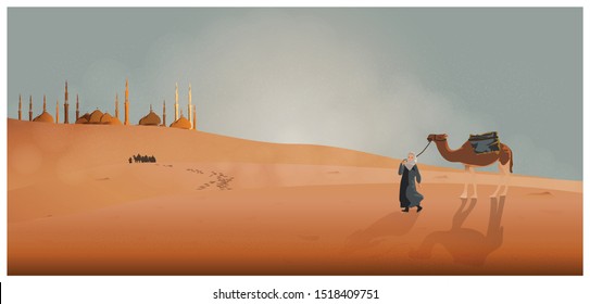 Panorama landscape of Arabian journey with camels through the desert with mosque,Muslim lady and traveler walking in the desert with camels,sand dune and dust.With noise and grain texture background