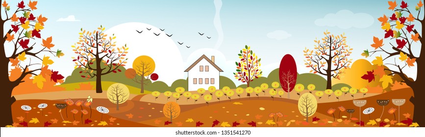 Panorama landscape of Countryside farm field in autumn, Vector illustration panoramic of horizontal banner of autumn forest trees,farm house, mountains and maple trees fallen with yellow foliage.