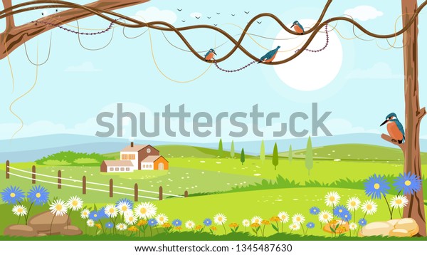 Panorama\
landscape of farm field with  kingfisher bird standing on branches\
tree on sunny day in spring,Summer or Spring landscape, Panoramic\
countryside landscape grass field and\
farmhouse