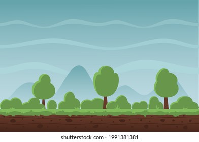 Panorama landscape with green bushes and trees against the background of mountains, blue sky,
summer, vector image, seamless background