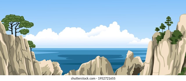 Panorama landscape of mountains and sea. Ocean view. Rocks with a trees on top. Vector hand-drawn illustration.