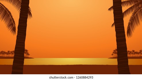 panorama landscape of orange color Silhouette palm tree on beach in flat icon design under sunset sky background 