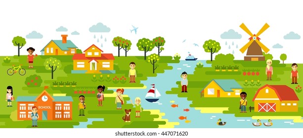 Panorama landscape with people. Garden and town village panoramic background in flat style