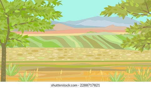 Panorama landscape with plain, mountains and trees
