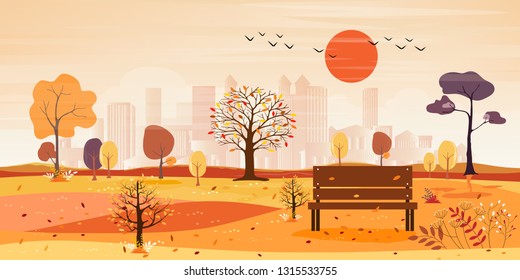 Panorama landscape of public park with bench and leaves falling on the grass,City scape background, Panoramic Urban landscape of Autumn city with  buildings behind the park in orange tone