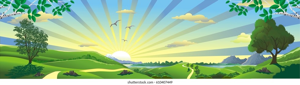 Panorama - the landscape of the Russian steppe. Birch branches. The trees on the hill. The mountains and the lake on the horizon. Vector illustration