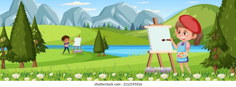 Panorama landscape scene with an artist girl painting at the park illustration