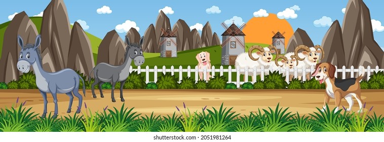 Panorama landscape scene with farm animals in the farm illustration