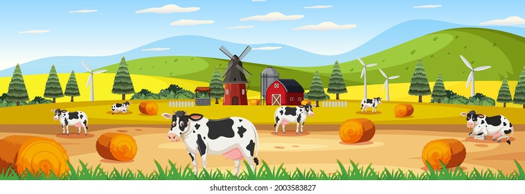 Panorama landscape scene with many cows in the farm illustration