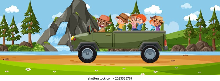 Panorama landscape scene with many tourist kids travelling by car  illustration