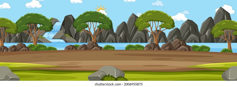 Panorama landscape scene with many trees in the forest illustration
