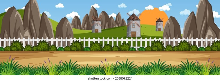 Panorama landscape scene with many windmills in the farm illustration
