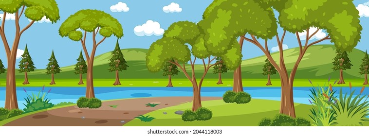 Panorama landscape scene with river flowing through in the park illustration