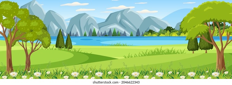 Panorama landscape scene with river flowing through in the meadow illustration