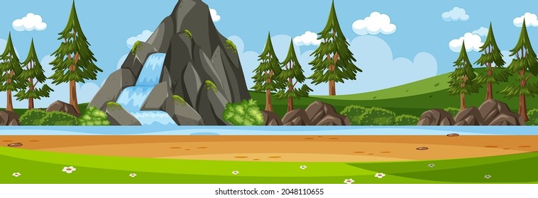Panorama landscape scene with river flowing through in the park illustration