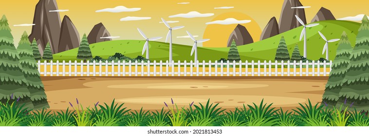 Panorama landscape scene at sunset time with many trees  illustration