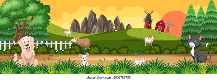Panorama landscape scene with various farm animals in the farm illustration