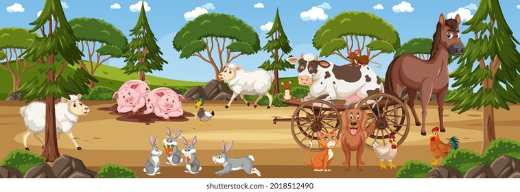 Panorama landscape scene with various farm animals illustration