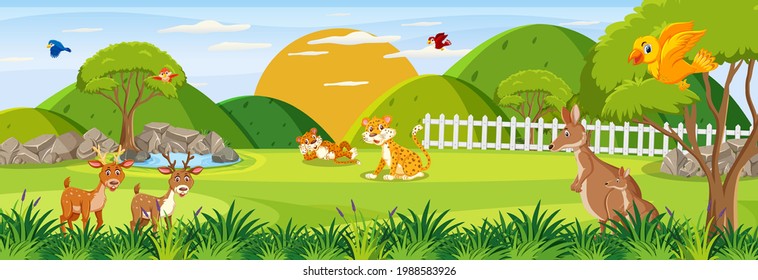 Panorama landscape scene with various wild animals in the forest illustration