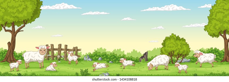 Panorama landscape with sheep. Vector illustration with separate layers.