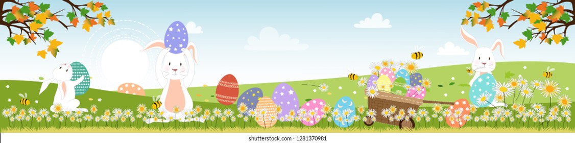 Panorama landscape of spring field with bunny hunting Easter eggs,Vector illustration holiday background, Cute cartoon rabbits playing on grass field with honey bees honey bees collecting pollen 