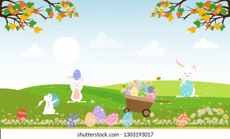 Panorama landscape of spring field with bunny hunting Easter eggs,Vector illustration holiday background, Cute cartoon rabbits playing on grass field with honey bees honey bees collecting pollen 