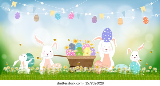 Panorama landscape of spring field with bunny hunting Easter eggs, Vector Cute cartoon rabbits and hunny bees flying in grass field with blurry bokeh light effect background