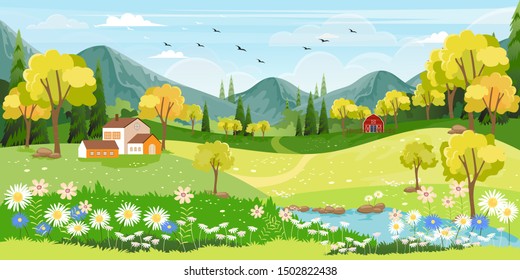 Panorama landscape of spring village with green meadow on hills with blue sky, Vector Summer or Spring landscape, Panoramic countryside of green field with farmhouse, barn and grass flowers 