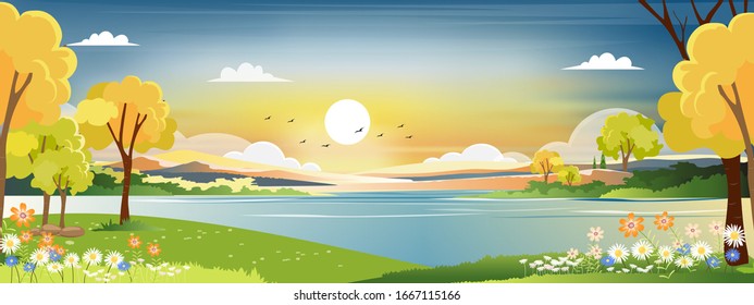 Panoramalandschaft des Frühlingsdorfes mit grüner Wiese auf Hügeln mit blauem und orangefarbenem Himmel, Vektorillustration Sommer- oder Frühlingslandschaft, Panoramalandschaft am See mit Sonnenuntergang am Abend.