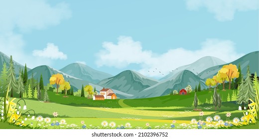 Panorama landscape of spring village with green meadow on hills with blue sky, Vector Summer or Spring landscape, Panoramic countryside of green field with farmhouse, barn and grass flowers 