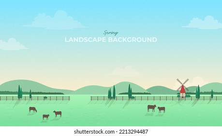 Panorama paisaje de pueblo primaveral con pradera verde sobre colinas con cielo azul, Campo de campo verde con casa de campo, Molino de viento, hierba, vaca, colinas verdes. Diseño plano. Ilustración vectorial de moda.