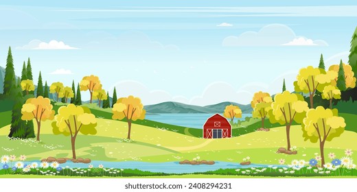 Panorama landscape of spring village with green meadow on hills with blue sky, Vector Summer or Spring landscape, Panoramic countryside of green field with wood barn and grass flowers 