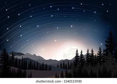 Panorama landscape of starry night with full behind mountain and pine tree, Panoramic the full moon rising with stars in Winter night forest.